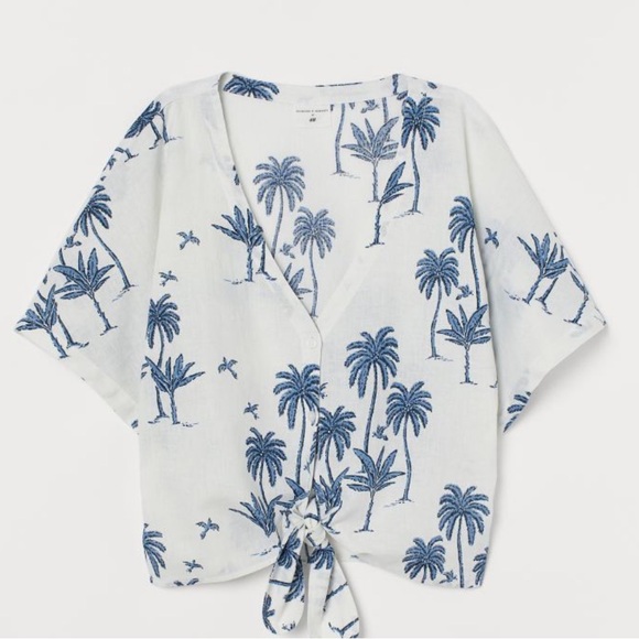Linen white front tie top with blue palm trees - Picture 1 of 3